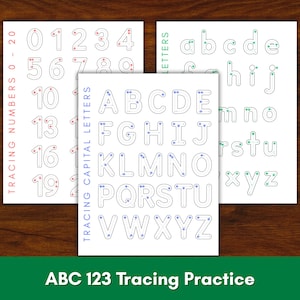 Folhas de exercícios de traçado de alfabeto e números para impressão, prática de traçado ABC 123, download instantâneo