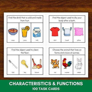 Puede incluir: Tarjetas de tareas educativas con ilustraciones y texto. Las tarjetas presentan preguntas sobre características y funciones, con imágenes de una camisa, una toalla y una almohada. El texto dice "CARACTERÍSTICAS Y FUNCIONES 100 TARJETAS DE TAREAS."