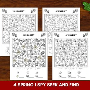 May include: Four "Spring I Spy" seek and find activity sheets. Each sheet features a different spring-themed illustration with hidden objects to find and count. Includes pencils and greenery on a wooden surface.