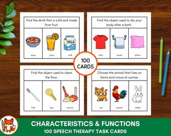 100 Characteristics and Functions Task Cards; Speech Therapy, Critical Thinking Activities; ESL