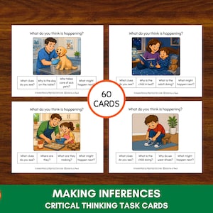May include: A collection of 60 inference task cards for critical thinking. Each card has a colourful illustration and prompts such as "What do you see?" and "What might happen next?" These cards are designed for educational purposes.