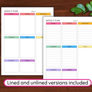 May include: Two weekly planner sheets with colorful headers for each day of the week. One is lined, the other unlined. The text "WEEKLY PLAN" is at the top. The image also includes two pencils and the text "Lined and unlined versions included".