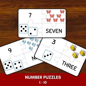 Rompecabezas de números del 1 al 10 / Juego de conteo y asociación de números para preescolar