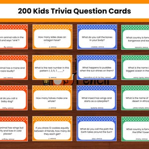Trivia-vragenkaarten voor kinderen | 200 afdrukbare quizkaarten voor kinderen Trivia-spel | Afdrukbare trivia voor kinderen| Educatieve triviavragen