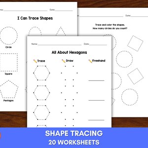 May include: Shape tracing worksheets with geometric shapes, including circles, squares, and hexagons. The worksheets feature dotted lines for tracing and prompts to draw and color the shapes. The image includes colored pencils and the text "Shape Tracing 20 Worksheets."