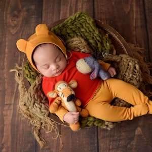 Puede incluir: Un bebé con un disfraz de Tigger marrón y naranja duerme en una cesta con un juguete de peluche azul Eeyore y un juguete de peluche naranja Tigger.