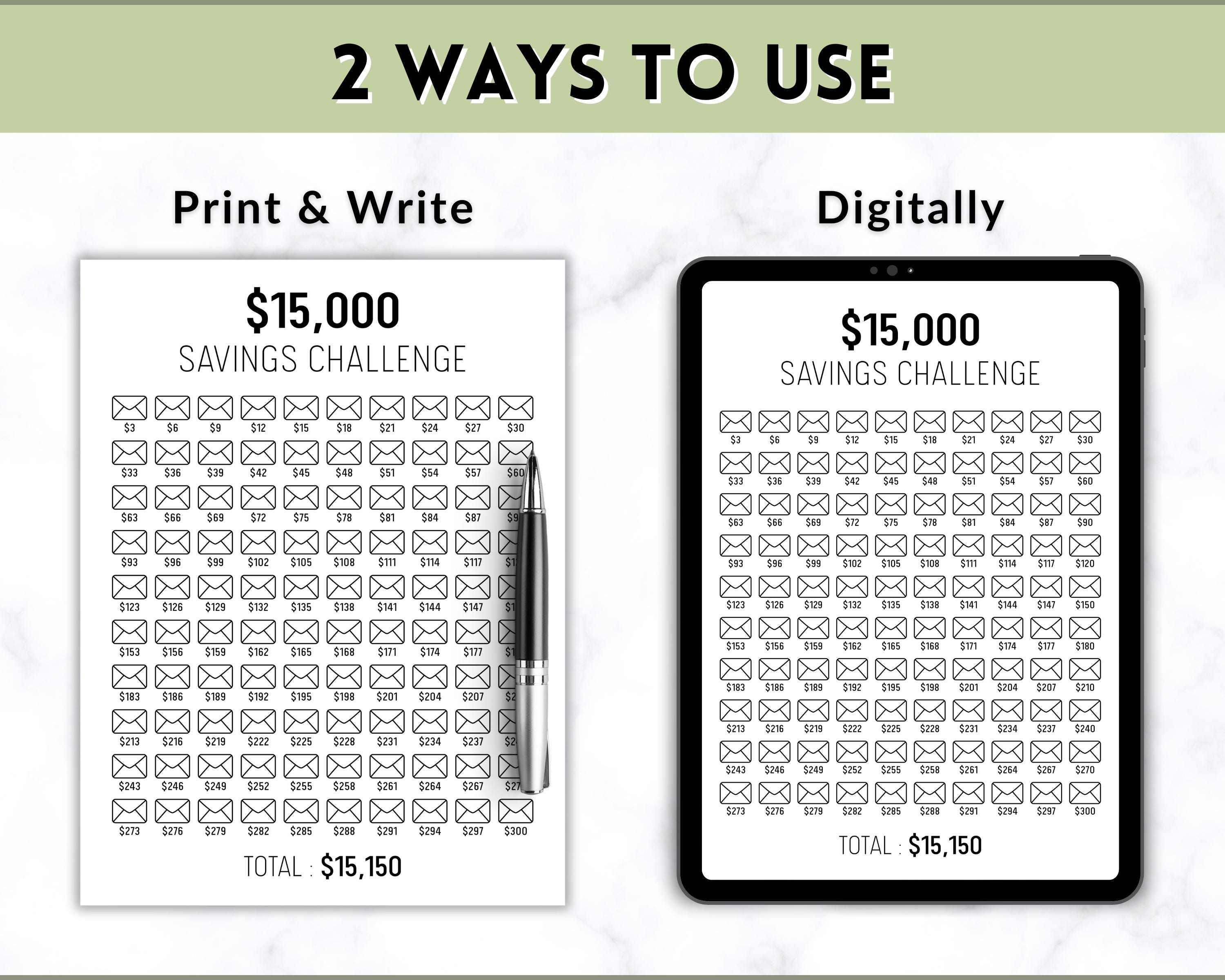 15000 Savings Challenge Printable, Savings Tracker, 15k Savings