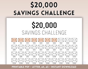 20000 Savings Challenge Printable, Savings Tracker, 20k Savings Challenge, Money Savings Goal, 100 Envelope Savings, Letter, A4, A5