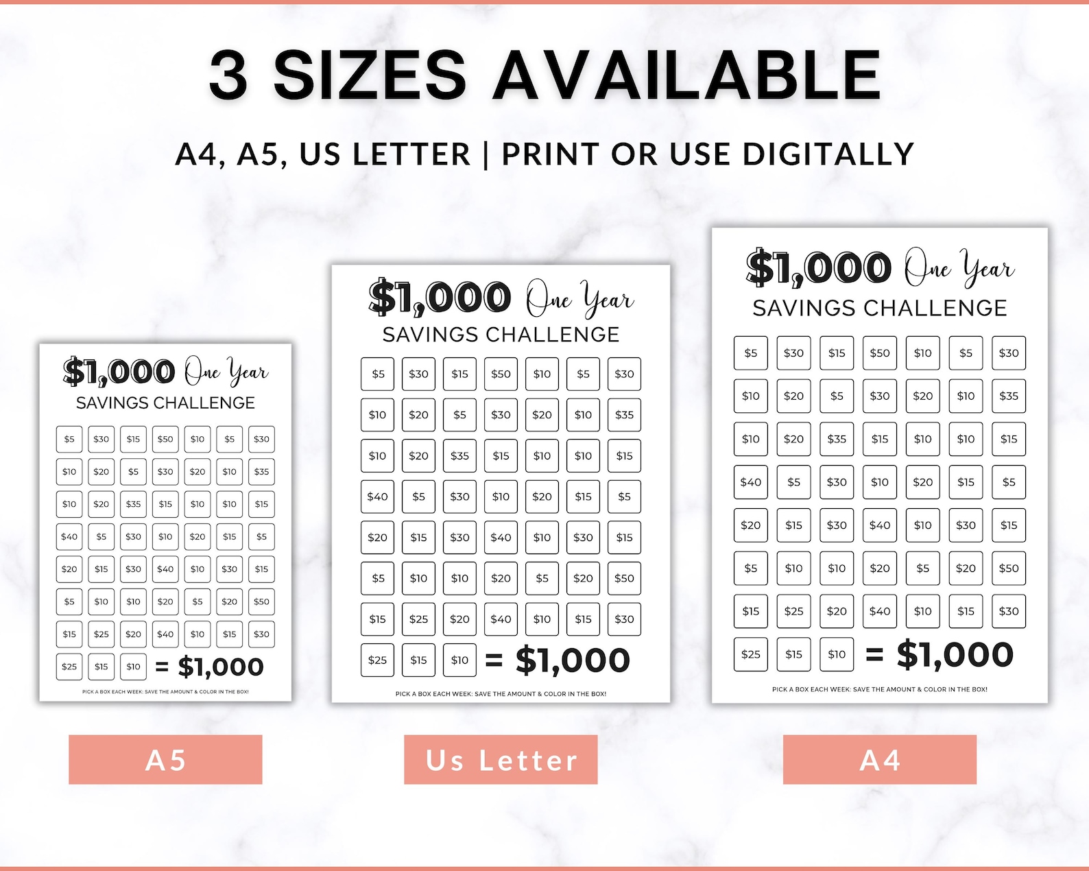 1000 Savings Challenge Printable, Savings Tracker, 1000 Dollars in One ...