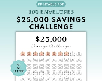 25000 Savings Challenge Printable, Savings Tracker, 25k Savings Challenge, Money Savings Goal, 100 Envelope Savings, Letter, A4, A5