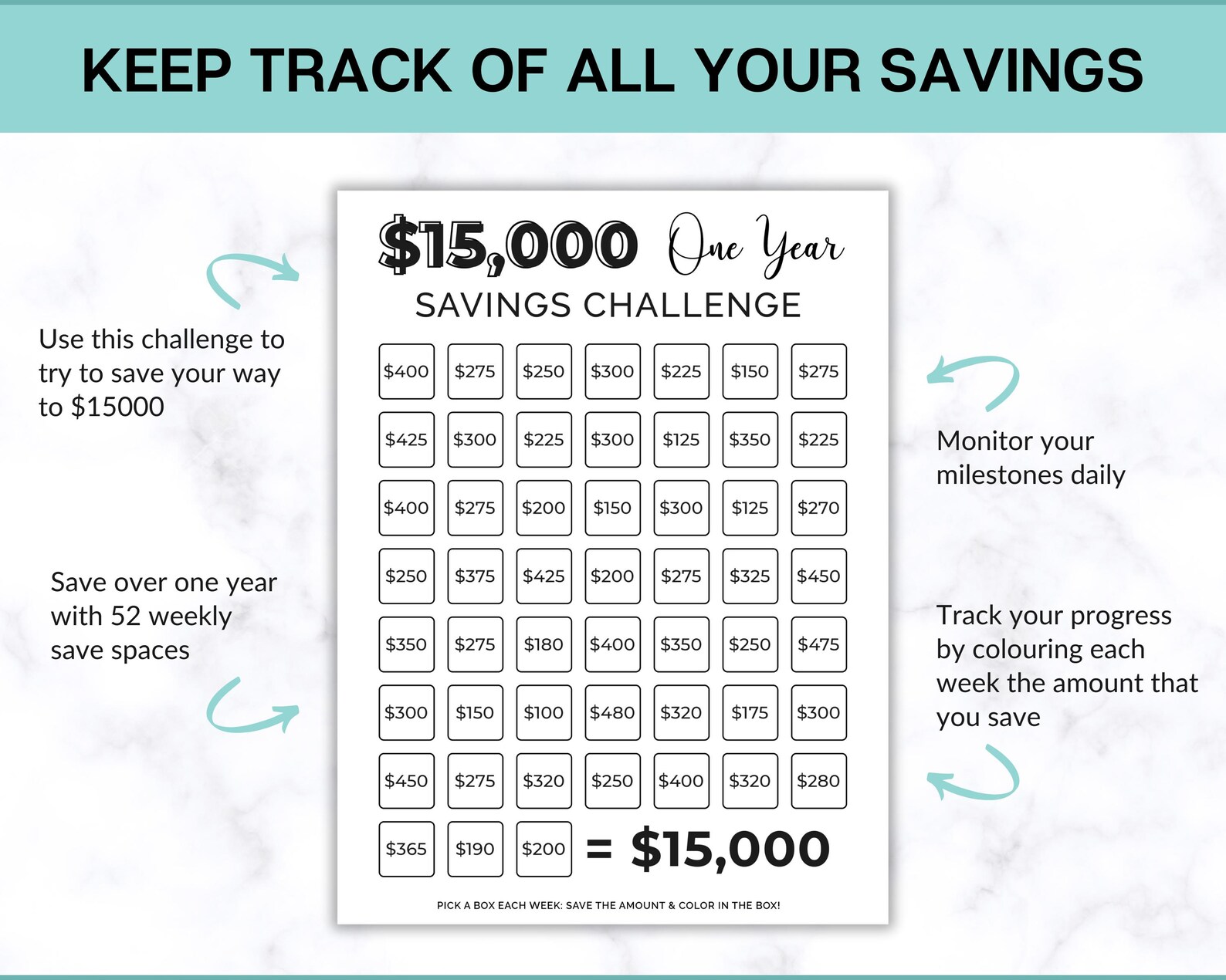 15000 Savings Challenge Printable, Savings Tracker, 15000 Dollars in ...