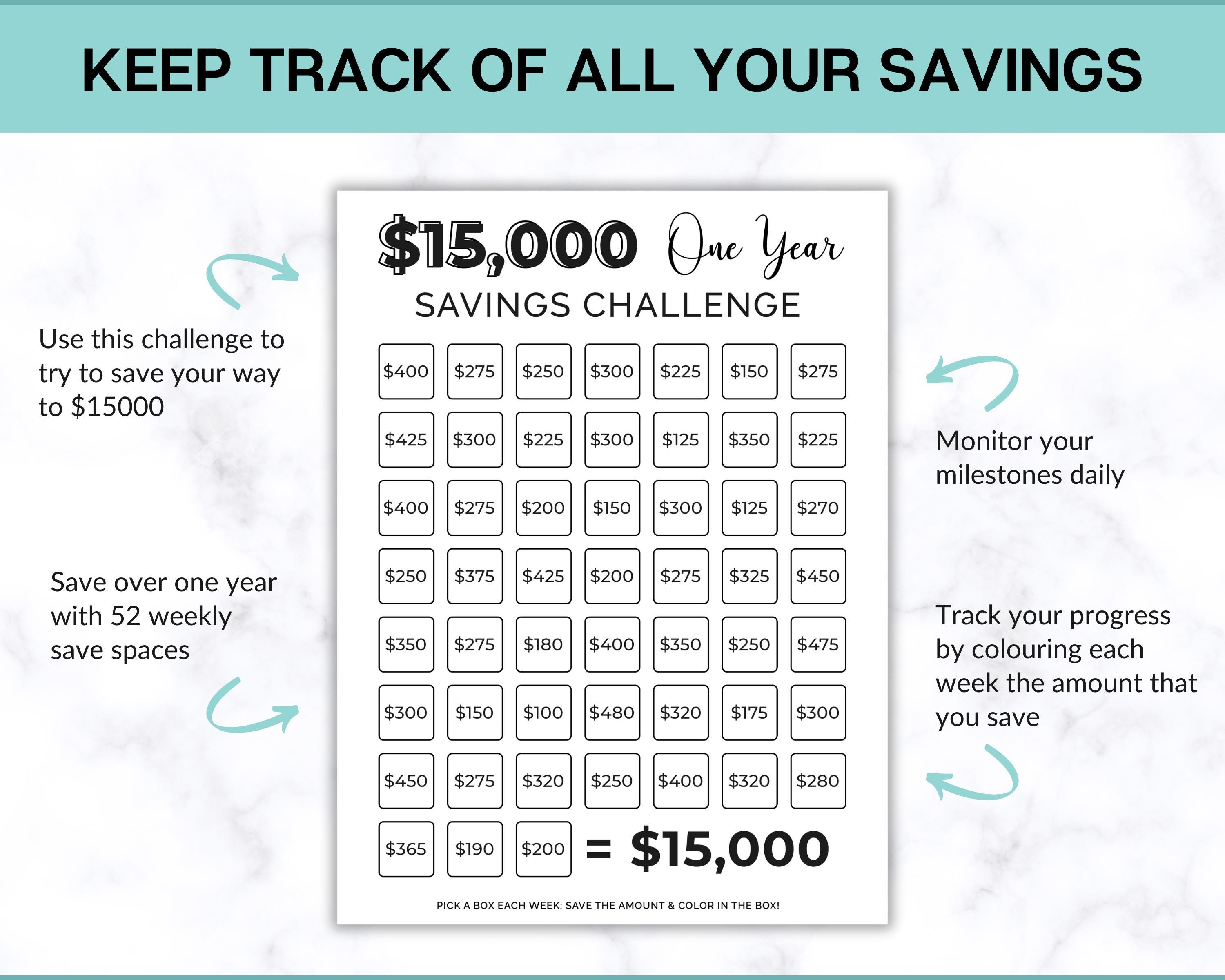 15000 Savings Challenge Printable, Savings Tracker, 15000 Dollars in ...