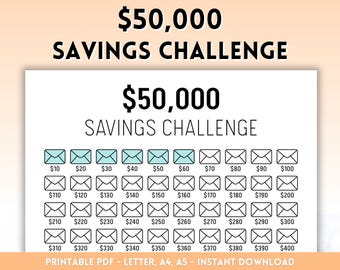 50000 Savings Challenge Printable, Savings Tracker, 50k Savings Challenge, Money Savings Goal, 100 Envelope Savings, Letter, A4, A5
