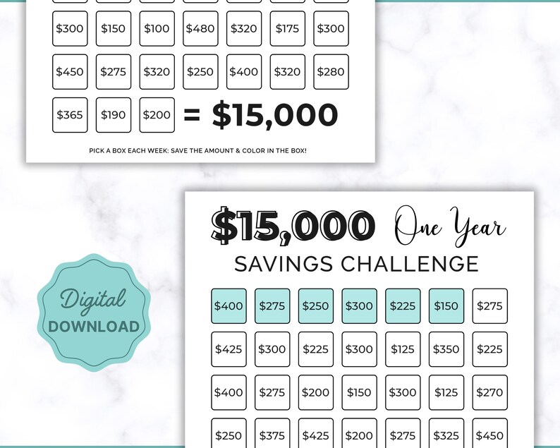15000 Savings Challenge Printable, Savings Tracker, 15000 Dollars in ...
