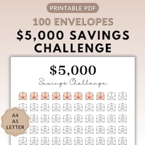 5000 Savings Challenge Printable, Savings Tracker, 5k Savings Challenge, Money Savings Goal, 100 Envelope Savings Challenge, Letter, A4, A5