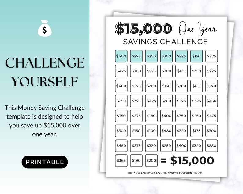 15000 Savings Challenge Printable, Savings Tracker, 15000 Dollars in ...