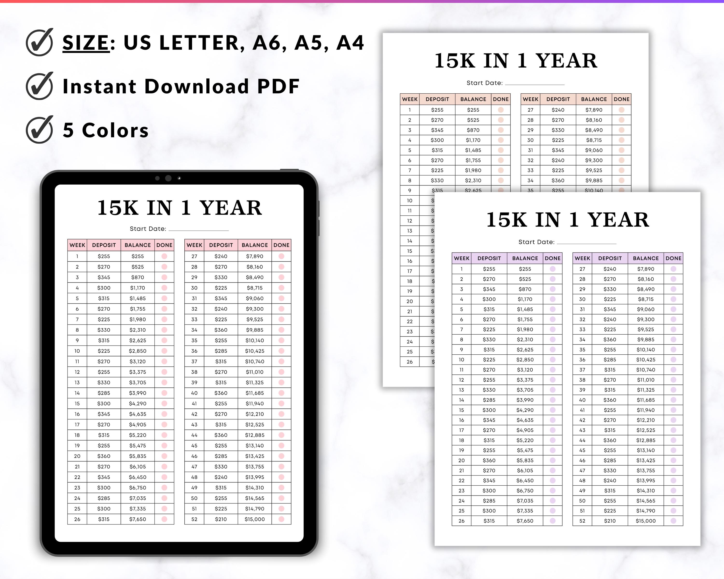 15000 貯金チャレンジ 印刷可能、1 年間で 15,000 ドル貯金、52 週間で 15,000 ドル貯金トラッカー、貯金目標、レター、A4、A5、A6  - Etsy 日本