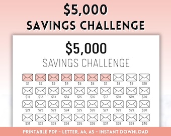 5000 Savings Challenge Printable, Savings Tracker, 5k Savings Challenge, Money Savings Goal, 100 Envelope Savings Challenge, Letter, A4, A5