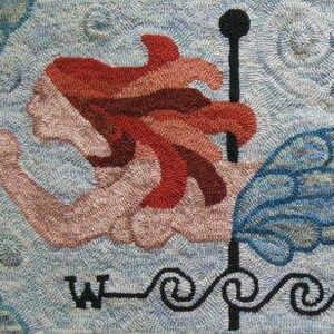 May include: A needlepoint rug depicting a mermaid with red hair and a blue tail. The mermaid is swimming in a sea of blue and white swirls. The rug has a compass rose design with the letters W, O, and E.