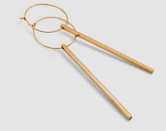 Minimalist Gold Bar Hoop Earrings – Long Modern Dangle Earrings, Geometric Statement Design