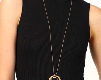 Long Gold Plated Interlocking Circle Pendant Necklace, Geometric Statement