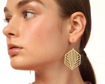 Gold Plated Hexagon Dangle Earrings: Geometric Statement Jewelry