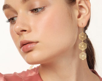 Gold Hexagon Dangle Earrings: Geometric Laser Cut Statement Jewelry