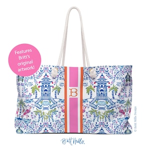 Monogrammed Chinoiserie Mahjong Tote Bag: Personalized Mahjong Gift, Maj Carry-All, pagoda print