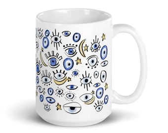 Evil Eye Mug, coffee mug, evil eye coffee mug, good vibes coffee mug, santorini mug, evil eyes