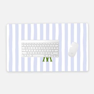 May include: A white wireless keyboard and mouse sit on a desk mat with a blue and white striped pattern. The mat has the letters "IYI" in green at the bottom. The keyboard is centered, and the mouse is to the right.