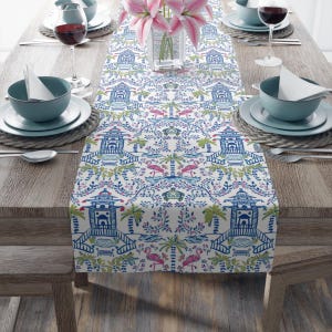 Chinoiserie Table Runner: Coastal Dining Decor, Vibrant Polyester, Mahjong Hosting