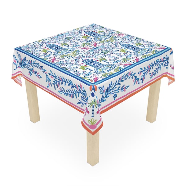 Chinoiserie Mahjong Tablecloth: Coastal Style, Cotton Twill or Polyester Options, pagoda print