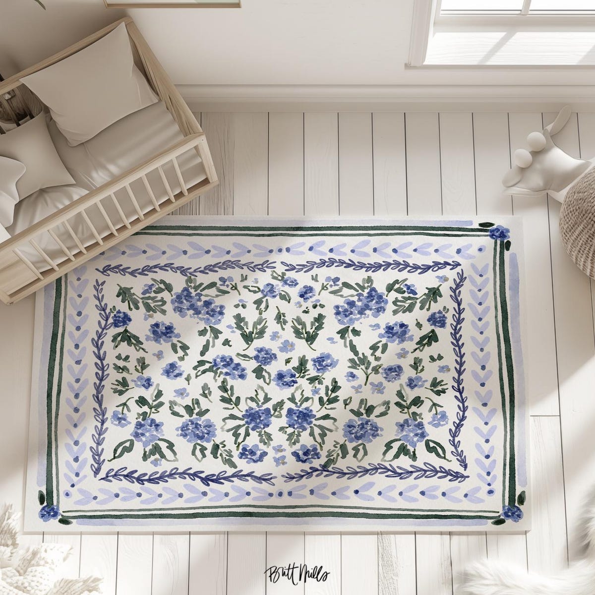 Blue Floral Chinoiserie Rug: Non-slip Polyester Chenille Doormat - Etsy