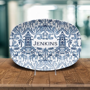 Personalized Chinoiserie Platter: Blue & White Coastal Serving Dish