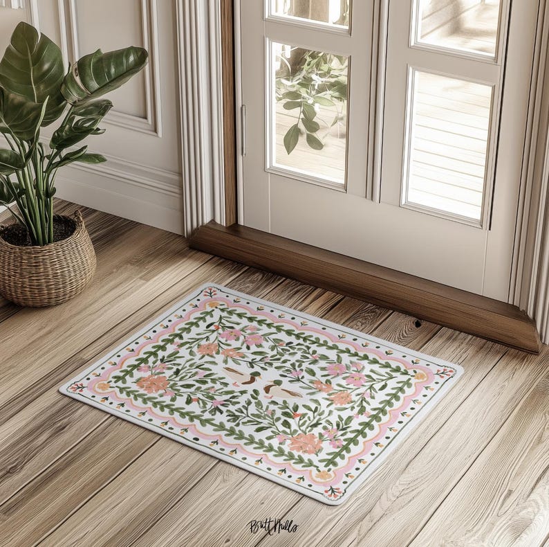 Floral Chenille Rug: Preppy Garden Design, Non-slip Indoor Outdoor ...