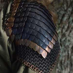 May include: Black and copper chainmail shoulder armor with a scale design. The armor is made of metal rings and scales.