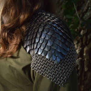 May include: A silver chainmail shoulder armor with a scale design. The armor is worn over a green shirt.