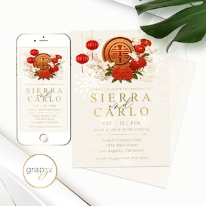 Blossoms Double Happiness Chinese Wedding Invitation, iPhone Invitation, Digital Invitation