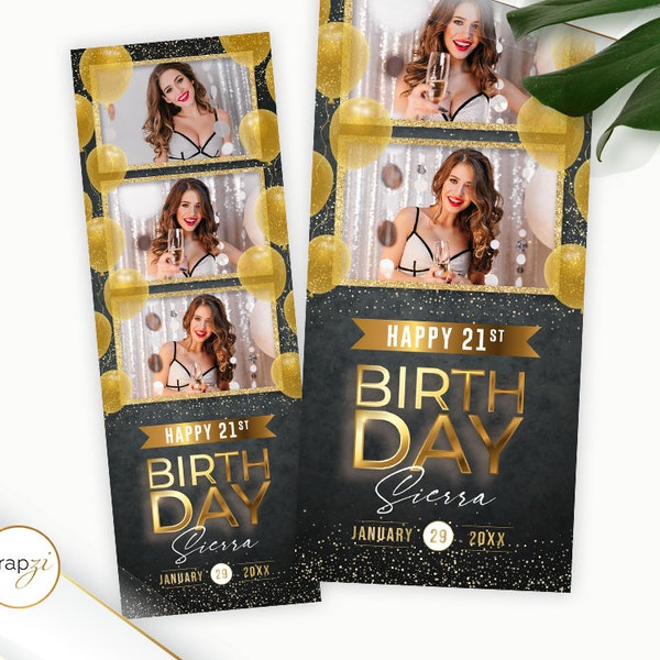 21st Birthday Golden Balloons Black Photo Booth Template, 21st Birthday, 2x6 Photo Strip (PSD Digital File)  |   SM241C