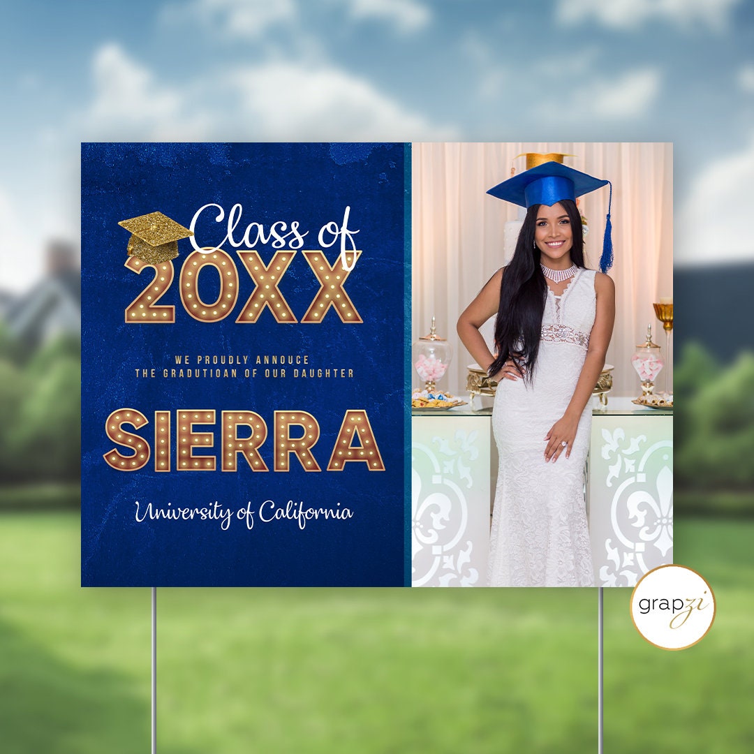 Golden Blue Graduation Yard Sign, Metal Stakes Included Digital or ...