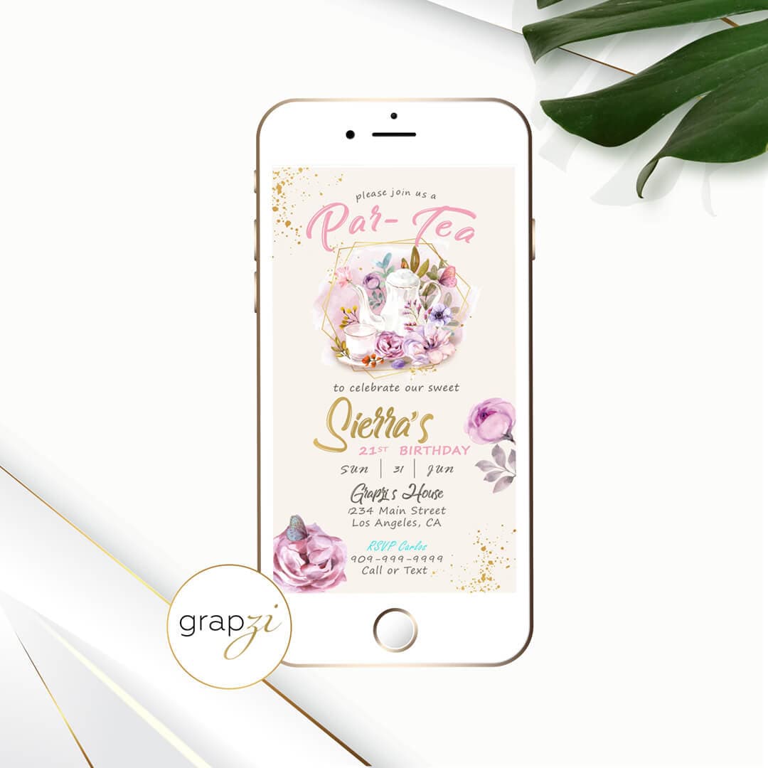 ParTea Floral Invitation Sweet 16 Tea Pot Invitation einvite Sweet 16 iphone invitation Electronic Invite smartphone