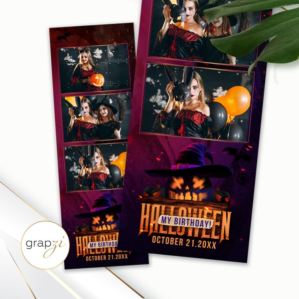 Halloween Pumpkin Party Photo Booth Template, Birthday Party, 2x6 Photo Strip (PSD File) |  SM63B