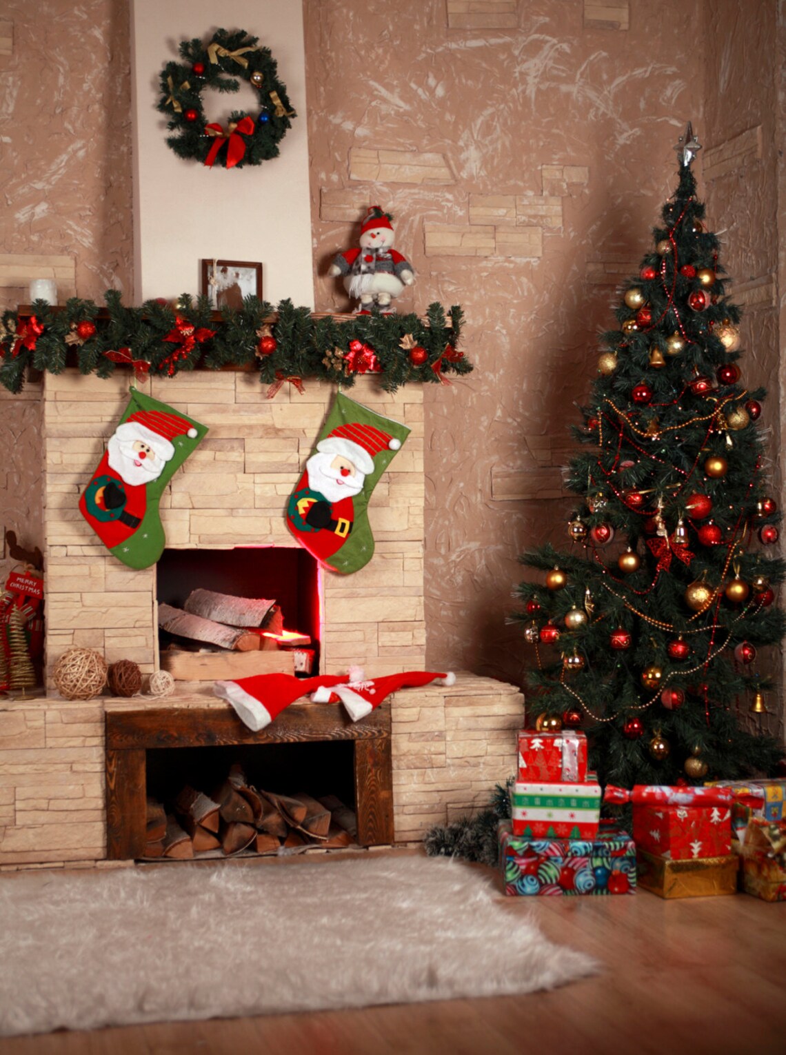 Christmas Backdrop tree fireplace decoration room | Etsy
