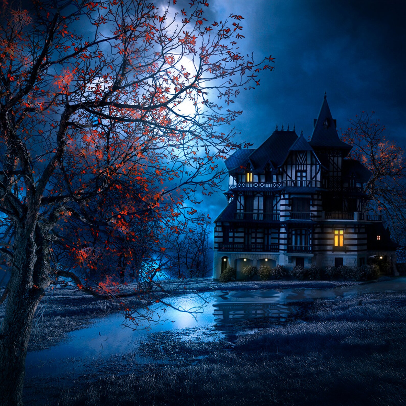 Halloween Backdrop Scary Scene House Moon Lake Fall Etsy