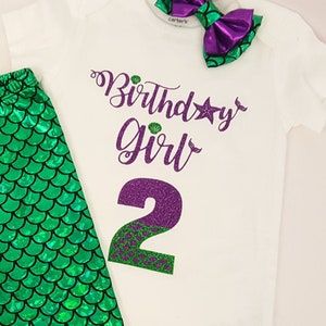 Little Mermaid Outfit Set Personalized Birthday Girl Party Glitter Bodysuit T-Shirt Leggings Hair Clip Bow Girls Baby Toddler Age # 1 to 9