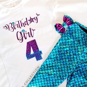 Mermaid Birthday Shirt Girls Outfit Set Personalized Glitter Bodysuit Leggings Bow Baby Toddler Costume Party Age 1 2 3 4 5 6 7 8 9