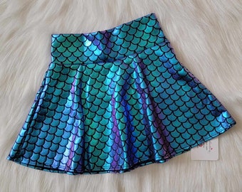 Mermaid Skirt Girls Toddler Baby Purple Turquoise Teal Iridescent, Green, Galaxy, Black Scales, Hemmed Skater Circle Twirl Skirt, Unicorn