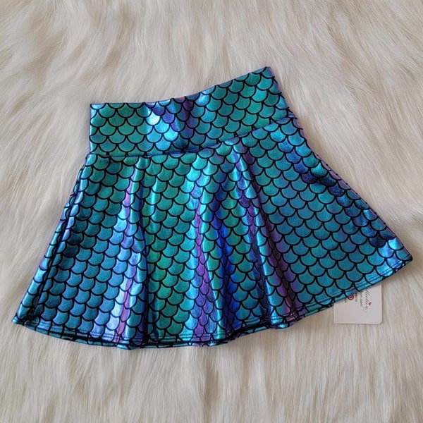 Mermaid Skirt Girls Toddler Baby Purple Turquoise Teal Iridescent, Green, Galaxy, Black Scales, Hemmed Skater Circle Twirl Skirt, Unicorn