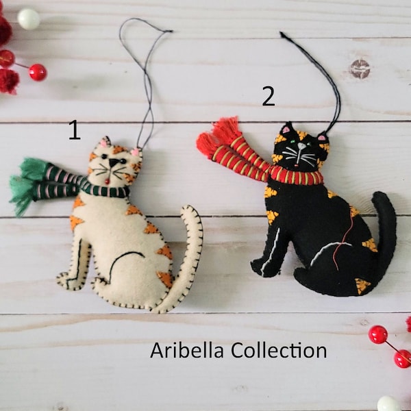 Felt Ornament Kitty Cat Christmas Tree Decoration Holiday Gift Hand Stitched Sitting with Scarf READY TO SHIP