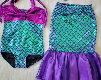 Mermaid Skirt Toddler & One Piece Swimsuit Set Mermaids Costume Little Birthday Outfit Gift Free Bow Iridescent READY TO SHIP